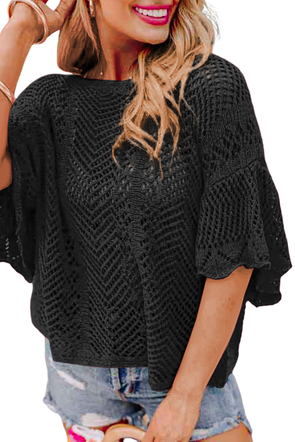 Rose Red Pointelle Knit Scallop Edge Short Sleeve Top