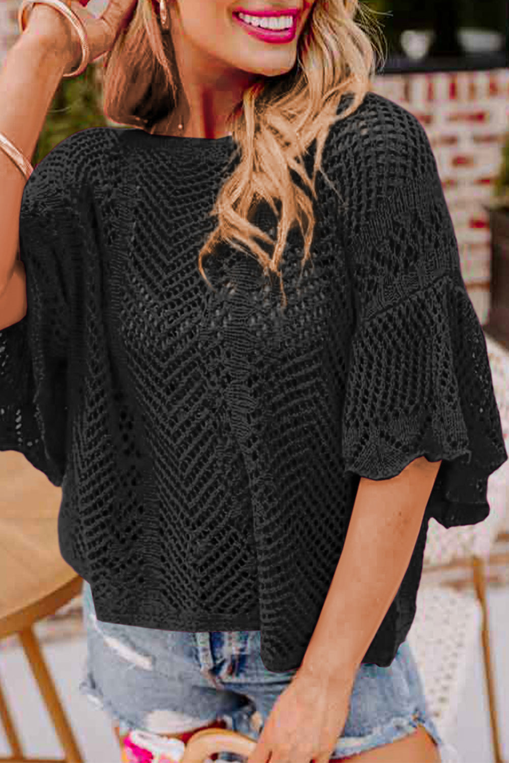 Rose Red Pointelle Knit Scallop Edge Short Sleeve Top