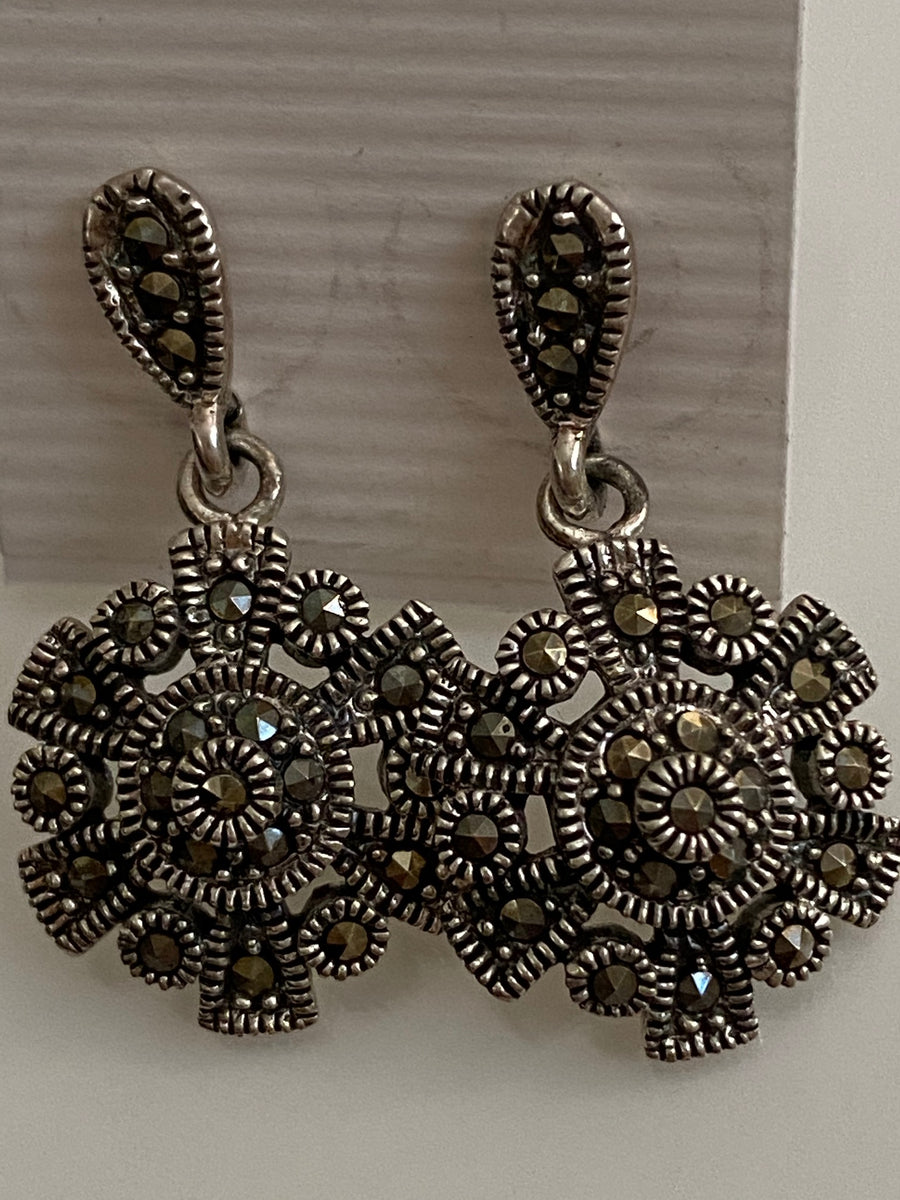 Sterling Silver Earrings Marcasites And Black Gems 1970s