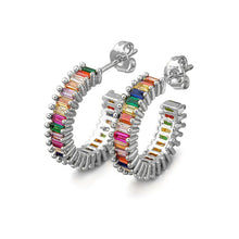 Load image into Gallery viewer, 18k White Gold Plated Emerald Cut Rainbow CZ Hoop Earrings Made With Swarovski Crystals
