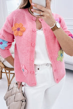 Load image into Gallery viewer, Pink Cute Knitted Floral Pattern Button Up Cardigan
