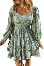 Load image into Gallery viewer, Green Floral Print Square Neck Shirred Waist Tiered Ruffled Mini Dress
