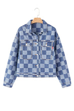 Load image into Gallery viewer, Light Blue Checkered Patchwork Button up Denim Jacket
