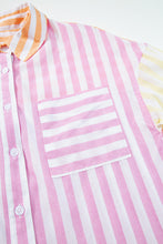 Load image into Gallery viewer, Pink Stripe Contrast Collar Long Sleeve Patchwork Shirt
