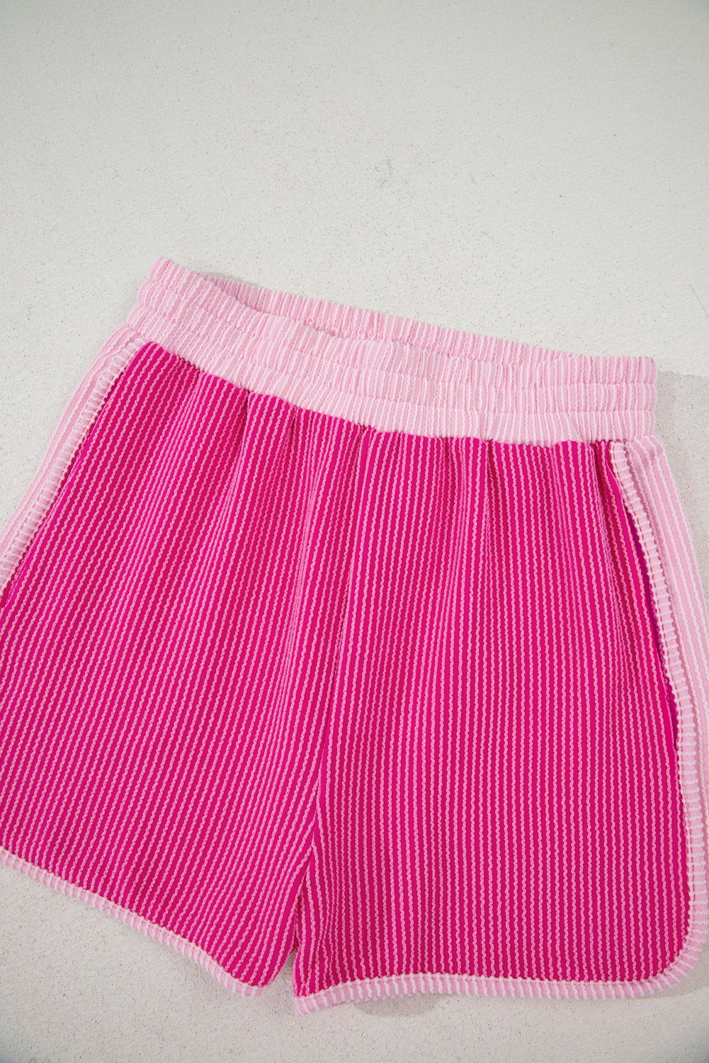 Rose Red 3D Spiral Ribbed Texture 2 Tones Patchwork Short Set