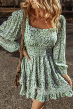 Load image into Gallery viewer, Green Floral Print Square Neck Shirred Waist Tiered Ruffled Mini Dress
