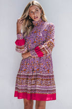 Load image into Gallery viewer, Purple Floral Smocked Puff Sleeve High Neck Mini Dress
