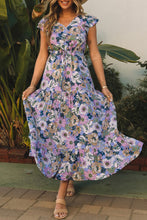 Load image into Gallery viewer, Purple Layered Ruffle Sleeves Long Floral Dress
