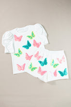 Load image into Gallery viewer, White Colorful Sequin Butterfly Puff Sleeve Top Shorts Set
