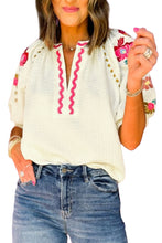 Load image into Gallery viewer, White Floral Embroidered Ricrac Puff Sleeve Textured Blouse
