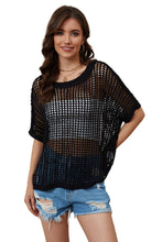 Load image into Gallery viewer, Apricot Fishnet Knit Ribbed Round Neck Short Sleeve Sweater Tee
