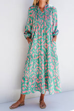 Load image into Gallery viewer, Green Abstract Print Puff Sleeve Tied Notched Neck Long Dress
