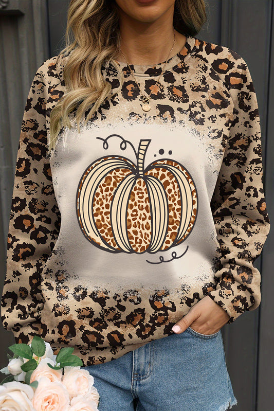 Brown Bleached Halloween Pumpkin Leopard Print Sweatshirt