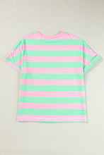 Load image into Gallery viewer, Pink Stripe Colorblock Cuffed Sleeve Loose Tee
