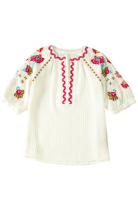 White Floral Embroidered Ricrac Puff Sleeve Textured Blouse