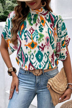 Load image into Gallery viewer, Multicolour Western Print High Neck Bat Sleeve Blouse
