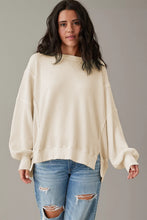 Load image into Gallery viewer, White Waffle Knit Bishop Sleeve Split Oversized Sweatshirt
