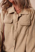 Load image into Gallery viewer, Light French Beige Solid Frilled Flap Pocket Button Up Corduroy Shacket
