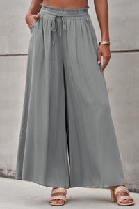 Green Drawstring Smocked High Waist Wide Leg Pants