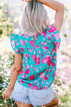 Load image into Gallery viewer, Green Floral Ruffled Flutter Sleeve Ruched Blouse
