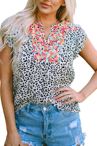 Leopard Ruffle Shoulder Embellished V-neck Sleeveless Top