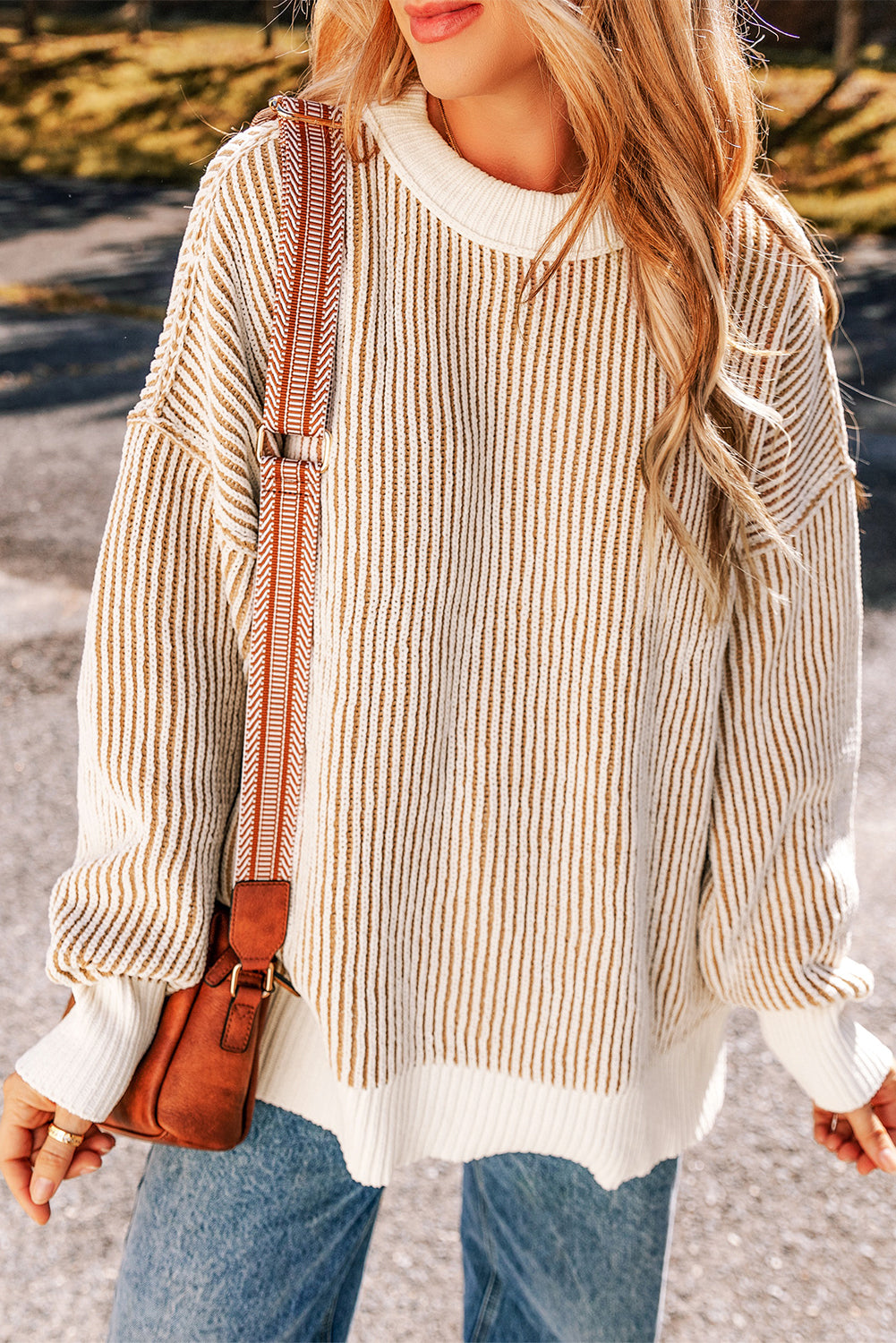 Chestnut Striped Textured Knit Contrast Edge Loose Sweater