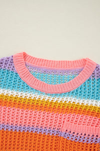 Pink Stripe Colorblock Hollowed Crochet 3/4 Sleeve Sweater