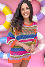 Load image into Gallery viewer, Pink Stripe Colorblock Hollowed Crochet 3/4 Sleeve Sweater
