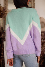 Load image into Gallery viewer, Green Chevron Colorblock Ribbed Knit Drop Shoulder Sweater
