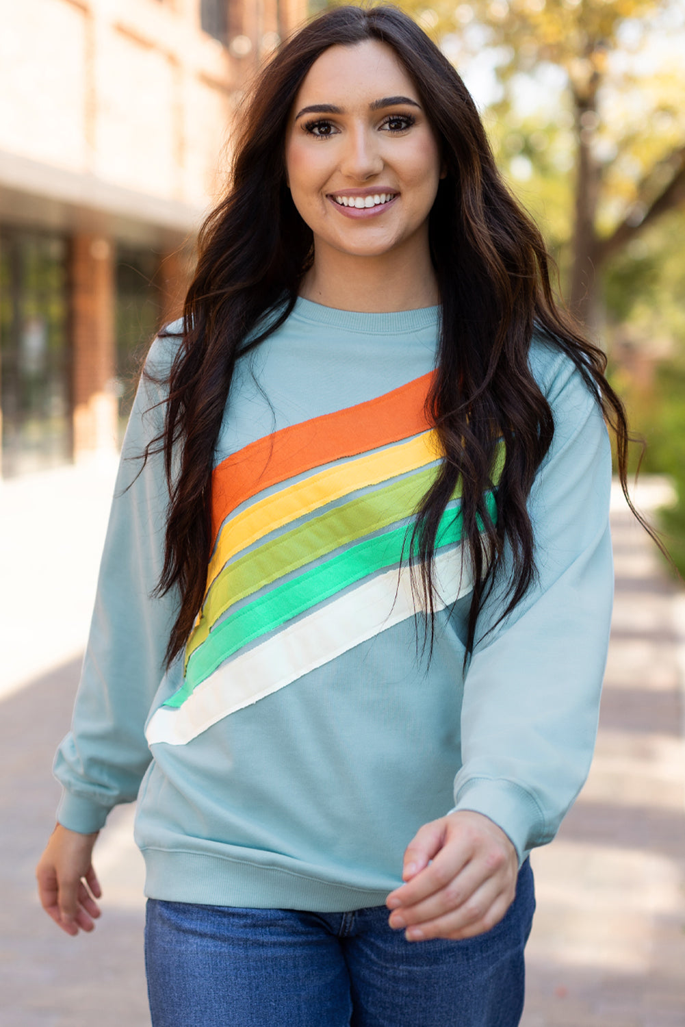 Apricot Rainbow Colorblock Striped Pullover Sweatshirt