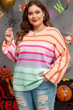 Load image into Gallery viewer, Pink Stripe Color Block Balloon Sleeve Crewneck Plus Size Sweater
