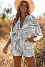 Load image into Gallery viewer, Gray 3/4 Wide Kimono Sleeves Tie Front Striped Romper with Pockets
