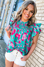 Load image into Gallery viewer, Green Floral Ruffled Flutter Sleeve Ruched Blouse
