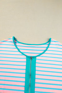 Pink Stripe Contrast Trim Half Zip Short Sleeve Top