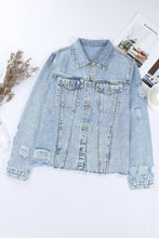 Load image into Gallery viewer, Sky Blue Lapel Distressed Raw Hem Buttons Denim Jacket
