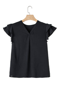 Black Ruffled Short Sleeve V Neck Plus Size Blouse