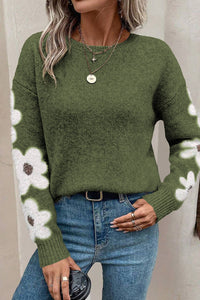 Light Pink Flower Sleeve Drop Shoulder Sweater