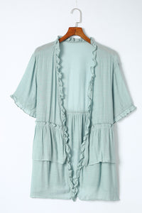 Pink Ruffled Trim Half Sleeve Open Front Kimono