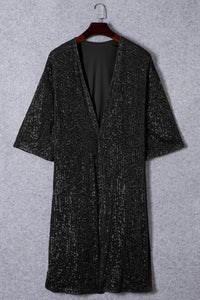 Black Sequin 3/4 Sleeve Open Front Duster Kimono