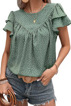 Load image into Gallery viewer, Black Dotted Ruffle Sleeve Crew Neck Ruched Blouse
