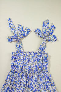 Blue Rose Floral Knotted Straps Tiered Babydoll Dress