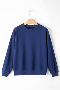 Navy Blue Solid Fleece Lined Drop Shoulder Terry Sweatshirt