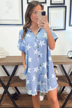 Load image into Gallery viewer, Sky Blue Stars Frayed Hem Collared Short Sleeve Denim Dress
