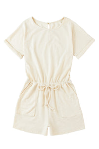 Beige Ribbed Elastic Waist Romper