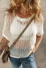 Load image into Gallery viewer, Apricot Fishnet Knit Ribbed Round Neck Short Sleeve Sweater Tee
