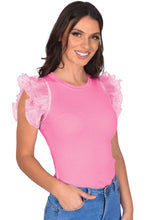 Load image into Gallery viewer, Strawberry Pink Ruffled Pleated Mesh Sleeve Ribbed Knit Slim Fit T Shirt
