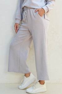 Light Grey Solid Textured Collared V Neck Top and Wide Leg Pants Set