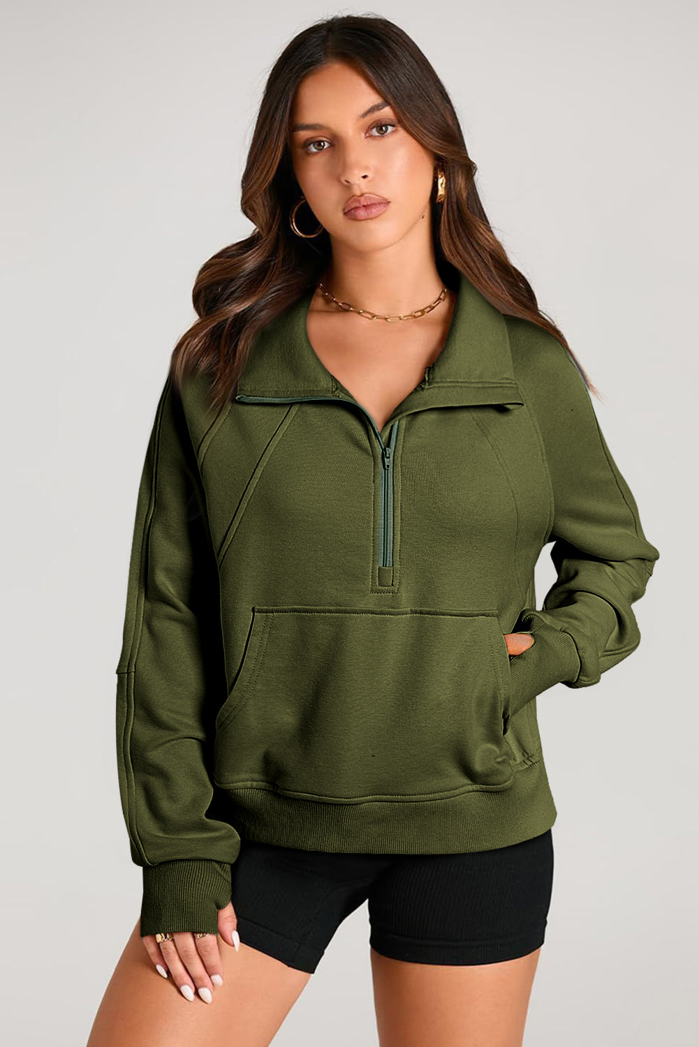 Aruba Blue Quarter Zip Stand Neck Kangaroo Pocket Sweatshirt