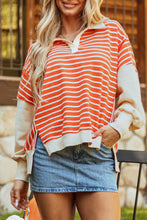 Load image into Gallery viewer, Orange Stripe Color Block Loose Fit Collared Drop Shoulder Sweatshirt
