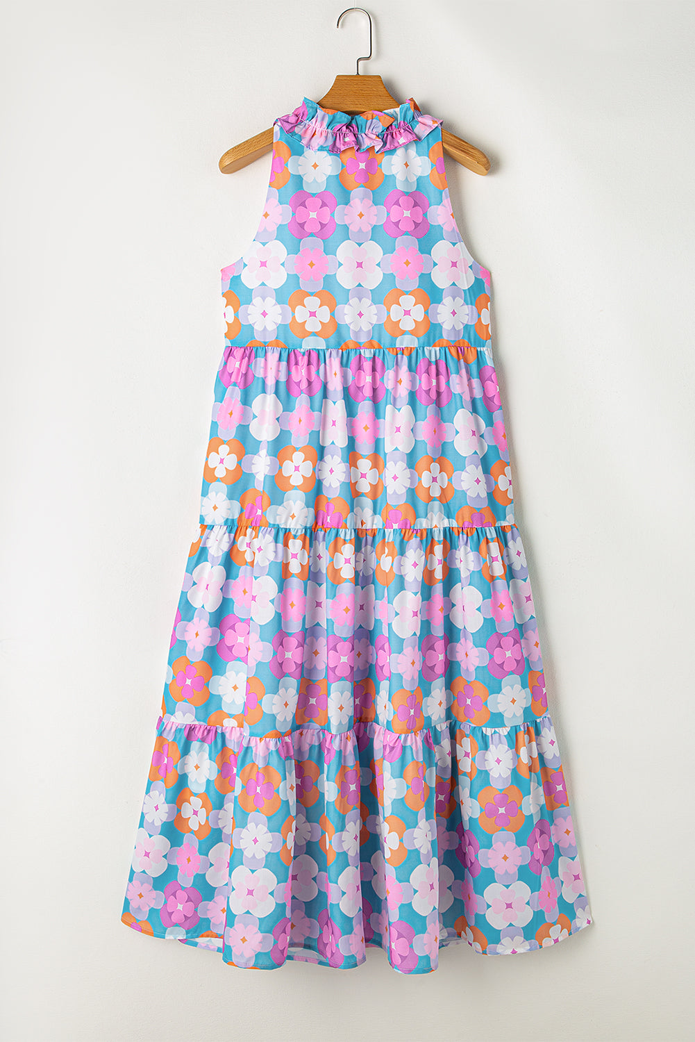 Blue Floral Print Frilly Neck Sleeveless Tiered Maxi Dress